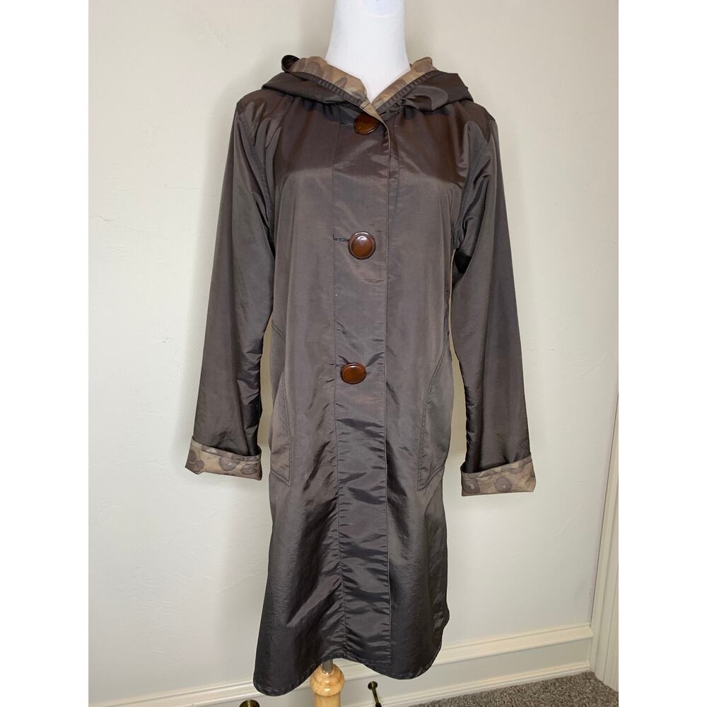 CAbi Olive Green Hooded Trench Rain Coat Size XS Button-Up Pockets Longline #684